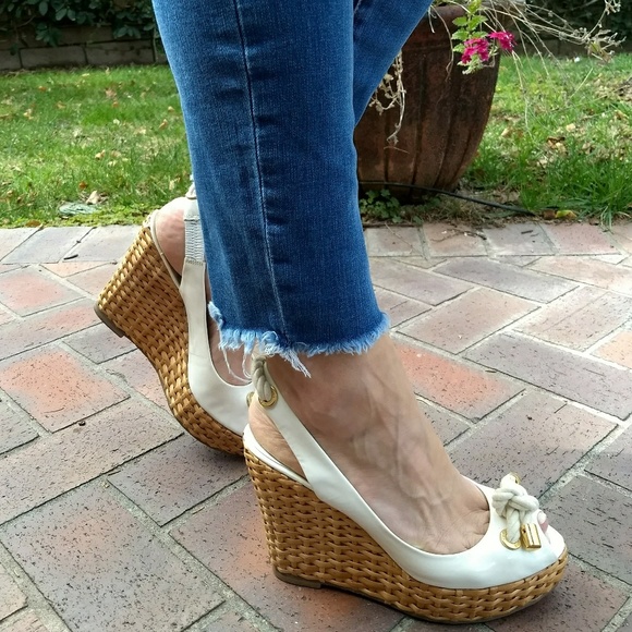 Tory Burch Shoes - Tory Burch Shea White Patent Wicker Wedge Size 8